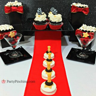 Oscar party on a budget, Oscar party ideas, movie theme party, cute movie popcorn, Oscar cookies, red carpet cookies, red carpet party ideas, sour patch cookies, oreo movie cupcakes, reel to reel cupcakes, movie cupcakes, cute food, fun food for kids