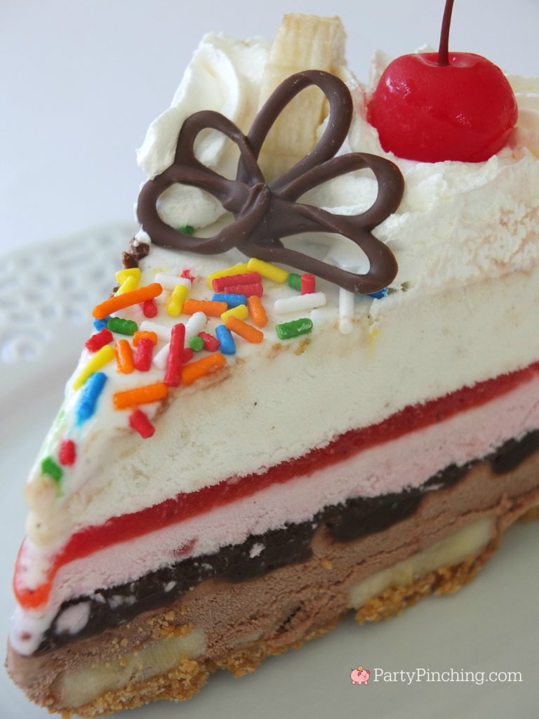 banana split ice cream cake, best banana split recipe, layered ice cream cake, best ever ice cream cake recipe, best summer recipes, 4th of July desserts, kids party cake