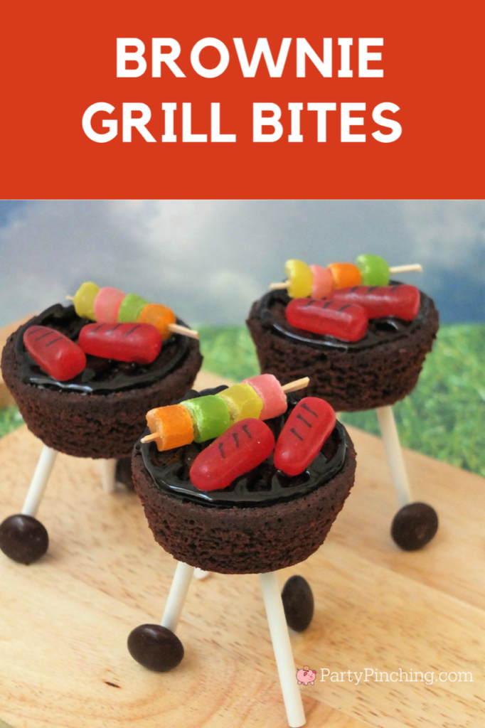 brownie outdoor grill, brownie grill bites, BBQ brownie grill with candy hot dog and skewers, candy skewer, candy grilled hot dogs, charcoal grill dessert brownies, sweet treat picnic BBQ brownies with wheels, kettle BBQ brownies