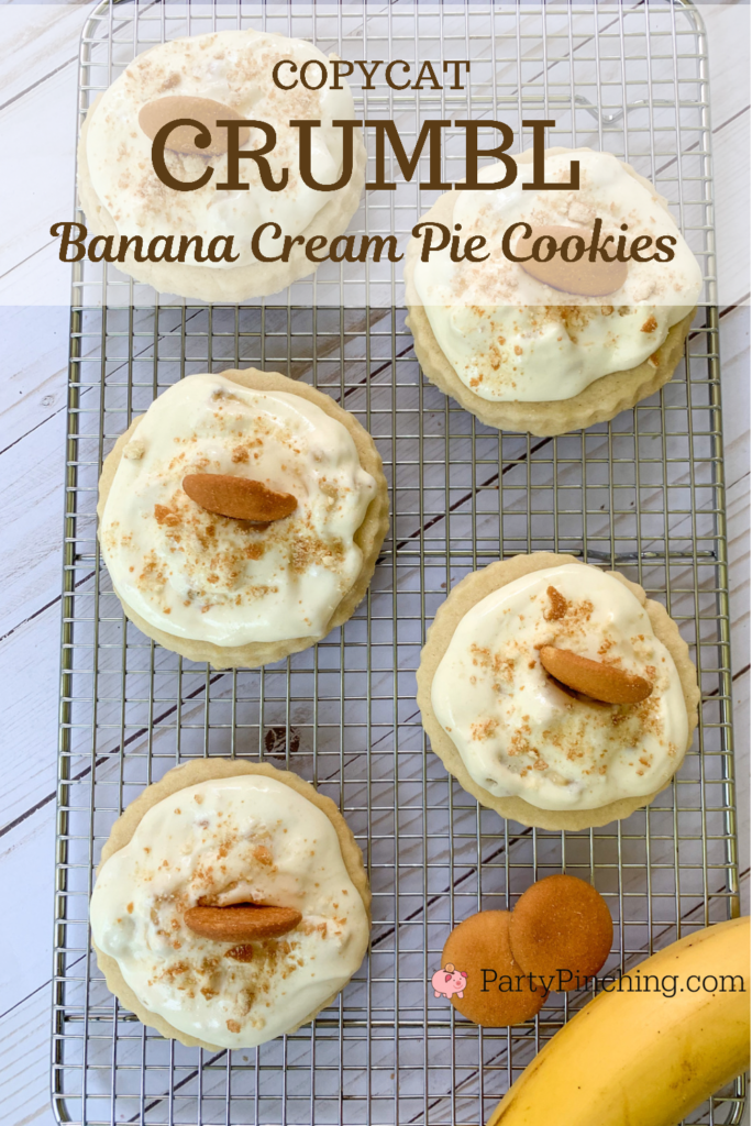 Crumbl Banana Cream Pie Cookies, copycat Crumbl recipe, Crumbl cookie recipes, best Crumbl cookie recipe, best banana cream pudding pie recipe, Magnolia banana pudding, best banana cream pie ever, crumbl cookies, crumble cookies, better than crumbl cookies, party pinching