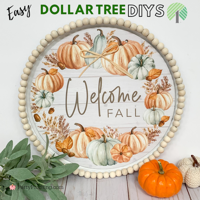 dollar tree farmhouse pizza pan, welcome fall dollar tree pizza pan sign, best easy dollar tree pizza pan crafts diys, best dollar tree craft decor ideas for fall, budget friendly dollar tree crafts home farmhouse decor for fall and thanksgiving, wooden bead dollar tree craft sign