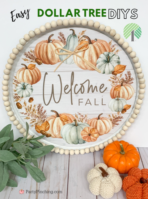 dollar tree farmhouse pizza pan, welcome fall dollar tree pizza pan sign, best easy dollar tree pizza pan crafts diys, best dollar tree craft decor ideas for fall, budget friendly dollar tree crafts home farmhouse decor for fall and thanksgiving, wooden bead dollar tree craft sign