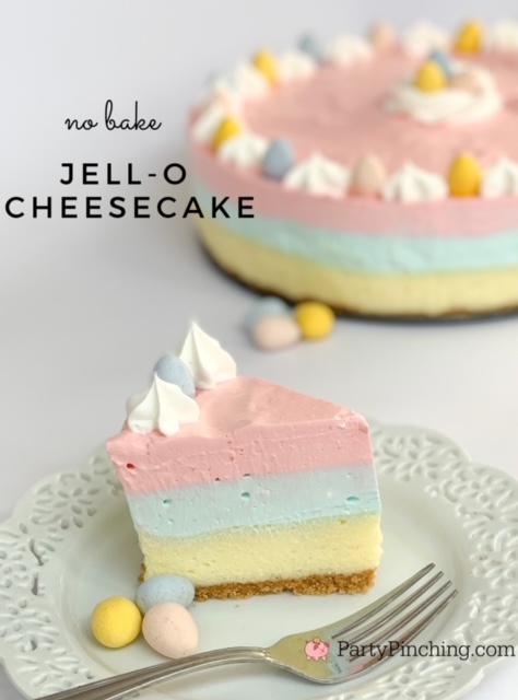 Easter no-bake Jello Cheesecake, best Easter dessert recipes, pastel Cadbury mini egg Jello cheesecake Easter recipe, pretty Easter dessert, Jello layer dessert, easy Jello layer cheesecake, best No-bake layered Jell-O cheesecake recipe, best easy Easter recipes for brunch dinner