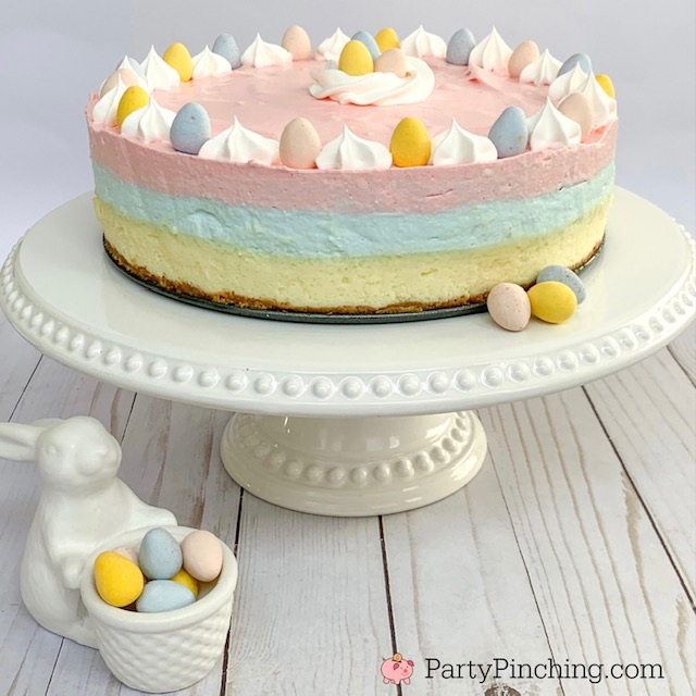 Easter no-bake Jello Cheesecake, best Easter dessert recipes, pastel Cadbury mini egg Jello cheesecake Easter recipe, pretty Easter dessert, Jello layer dessert, easy Jello layer cheesecake, best No-bake layered Jell-O cheesecake recipe, best easy Easter recipes for brunch dinner