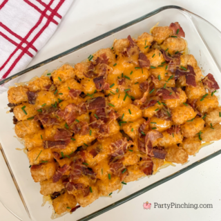 bacon cheeseburger tater tot casserole, super easy casserole, dump and go meals, easy weekday meals, big game football meals, best kid friendly meals dinner ideas, best easy quick 30 minute meals