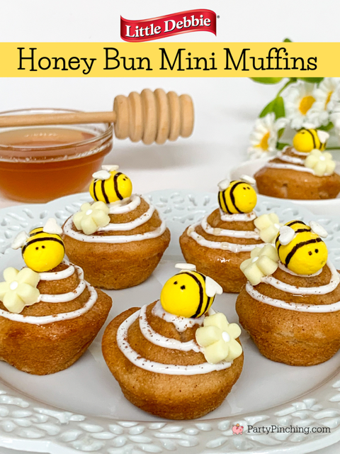 honey bun mini muffins, Little Debbie honey bun mini muffins, easy best honey bun muffins, Little Debbie Honey Buns, best easy no bake honey bun recipe, cute bee honey bun muffin, fondant bee honey bun recipe, cute fast honey bun recipe, brunch baby shower food ideas fast easy quick best