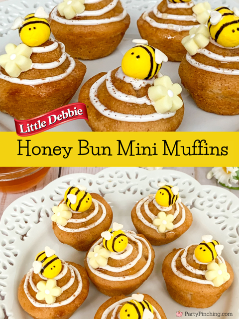 honey bun mini muffins, Little Debbie honey bun mini muffins, easy best honey bun muffins, Little Debbie Honey Buns, best easy no bake honey bun recipe, cute bee honey bun muffin, fondant bee honey bun recipe, cute fast honey bun recipe, brunch baby shower food ideas fast easy quick best
