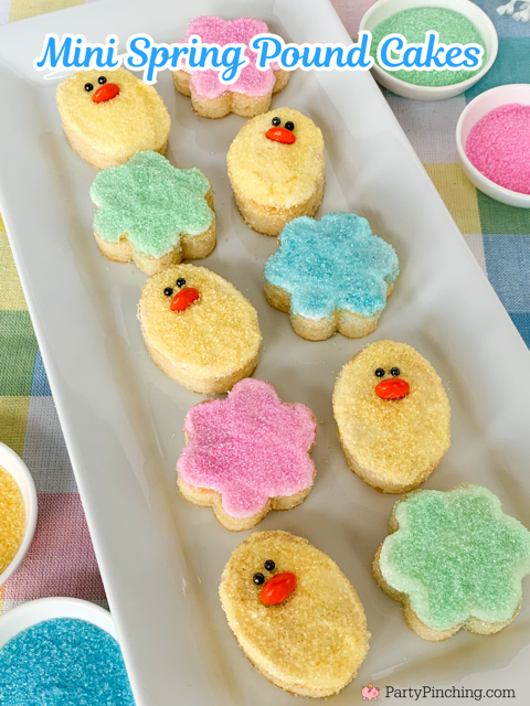 Mini Spring Pound Cakes, Drake's Cakes Mini Pound Cakes, Spring chick pound cakes, flower pound cakes, cookie cutter pound cakes, sugar frosted pound cakes, cute no bake pound cakes for Easter brunch, best easy Easter brunch dessert recipe ideas, no bake Easter desserts