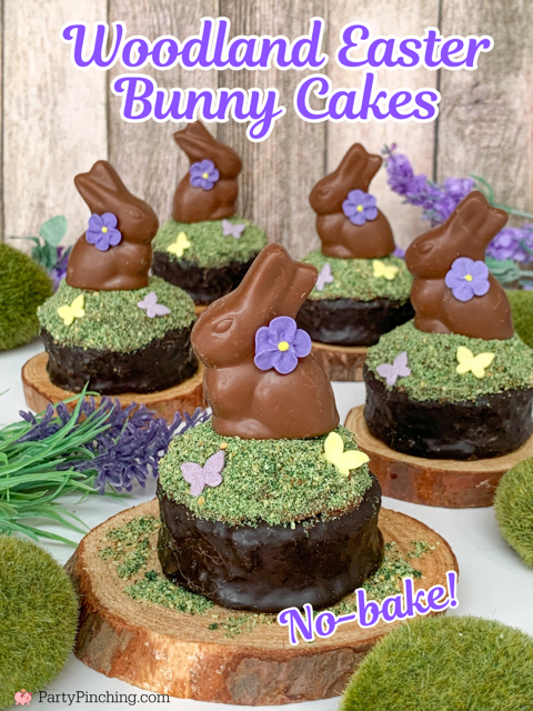 Chocolate moss Easter Bunny, Drake's Ring Dings Easter Bunny Cakes, no bake Easter bunny dessert, easy best Easter brunch recipe ideas, chocolate bunny woodland moss graham cracker Easter cupcake recipe, elegant Easter dessert for spring